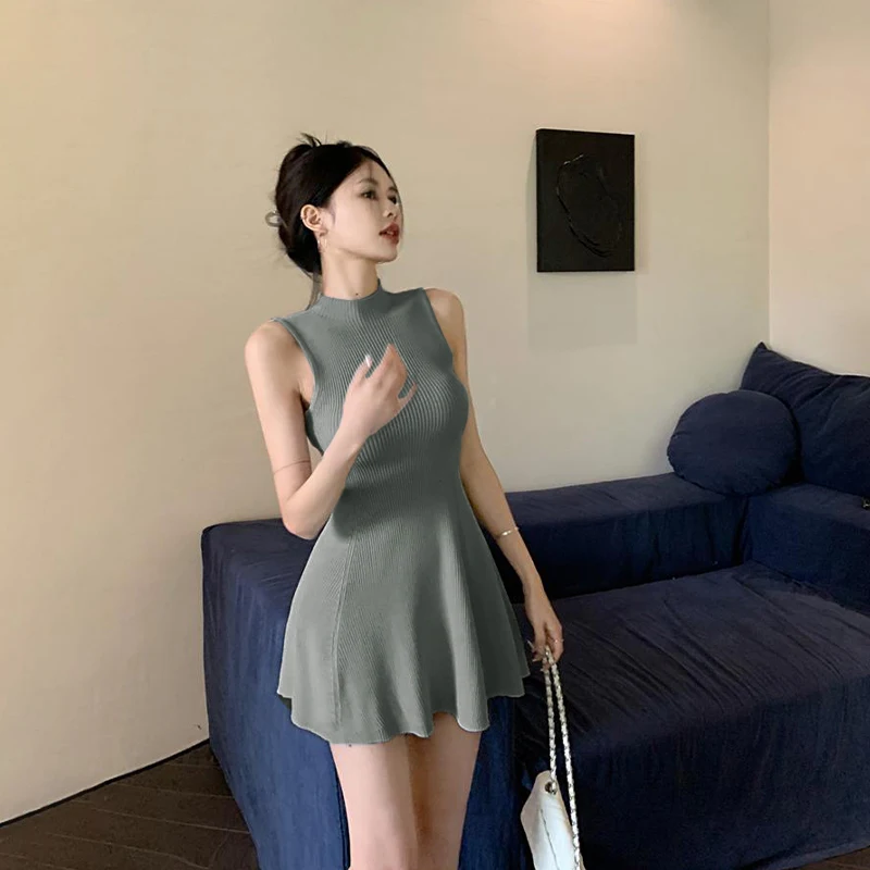 

Women's Summer Sleeveless Half Turtleneck A-line Casual Knitted Mini Dress