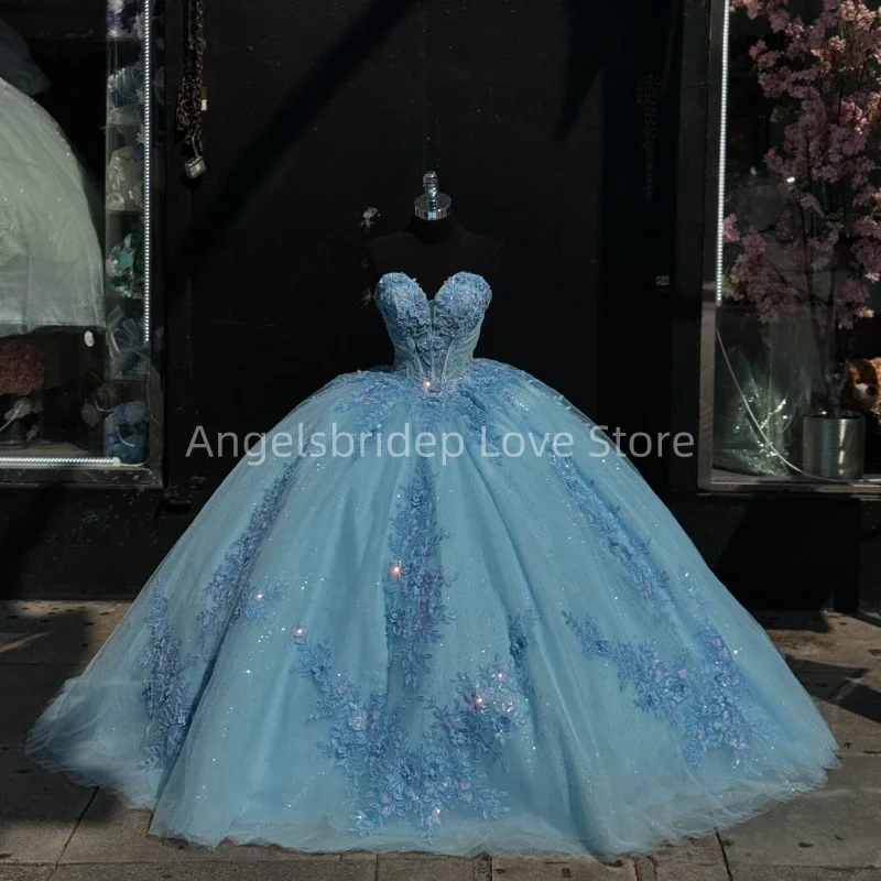 

ANGELSBRIDEP Blinbling Tulle Appliques Quinceanera Dresses Ball Gown Evening Dress Tiered Sky Blue Sleeveless Vestido De 15 Años