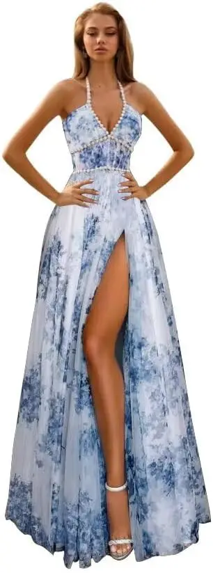 

Женские платья для выпускного вечера с цветочным принтом 2025, шифоновое вечернее платье на тонких бретельках с разрезом, вечерние платья, роскошное платье