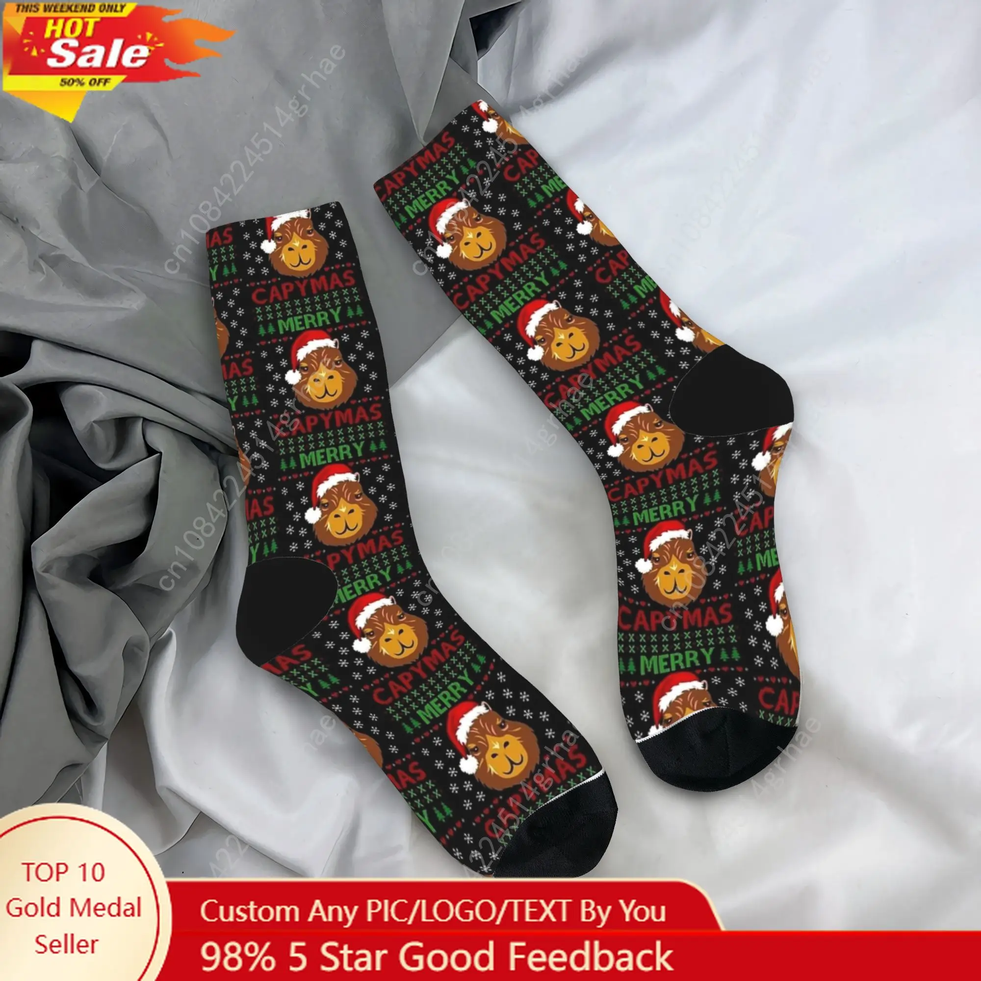 

Merry Capymas Funny Capybara Santa Ugly Christmas Xmas Socks Графические чулки Нескользящие мужские носки Мягкие зимние спортивные носки