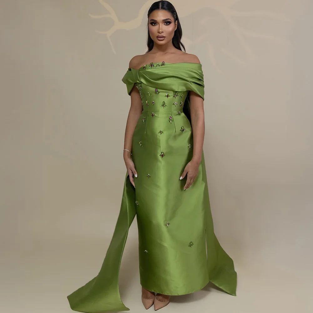 Dubaï robes de soirée de luxe Satin gaine/colonne robe de soirée vert épaules dénudées strass drapé drapé robes de bal Maxi