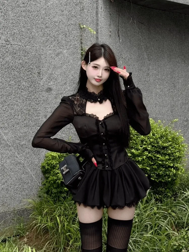 Sexy Lace Mesh Splice Long Sleeve Top And High Waist Puffy Skirt Set for plus Size Women Black Cake Skirt Commute Style Autum...