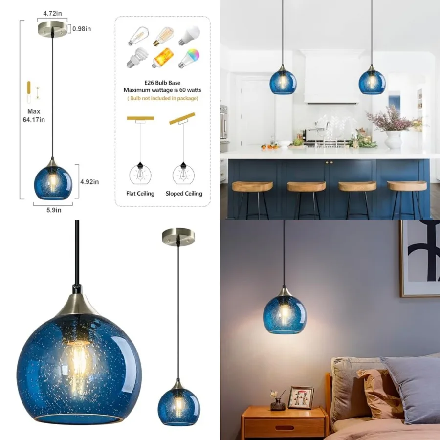 

Blue Glass Pendant Lights Kitchen Island Lighting Globe Pendant Light Fixtures Modern Pendant Lighting for Kitchen Island Bedro