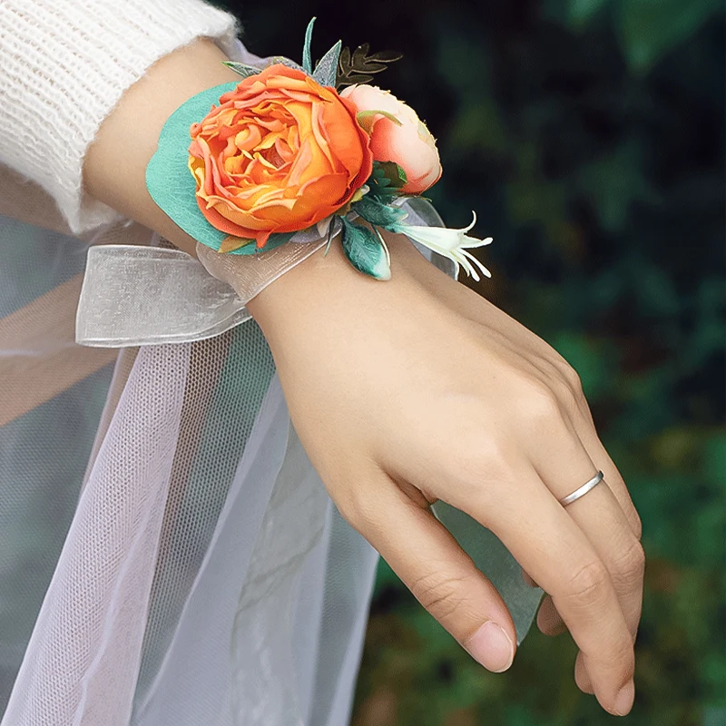 Flores de pulso para dama de honra, pulseira rosa, tecido, casamento, baile, festa, boutonniere, flores mão, acessórios de casamento