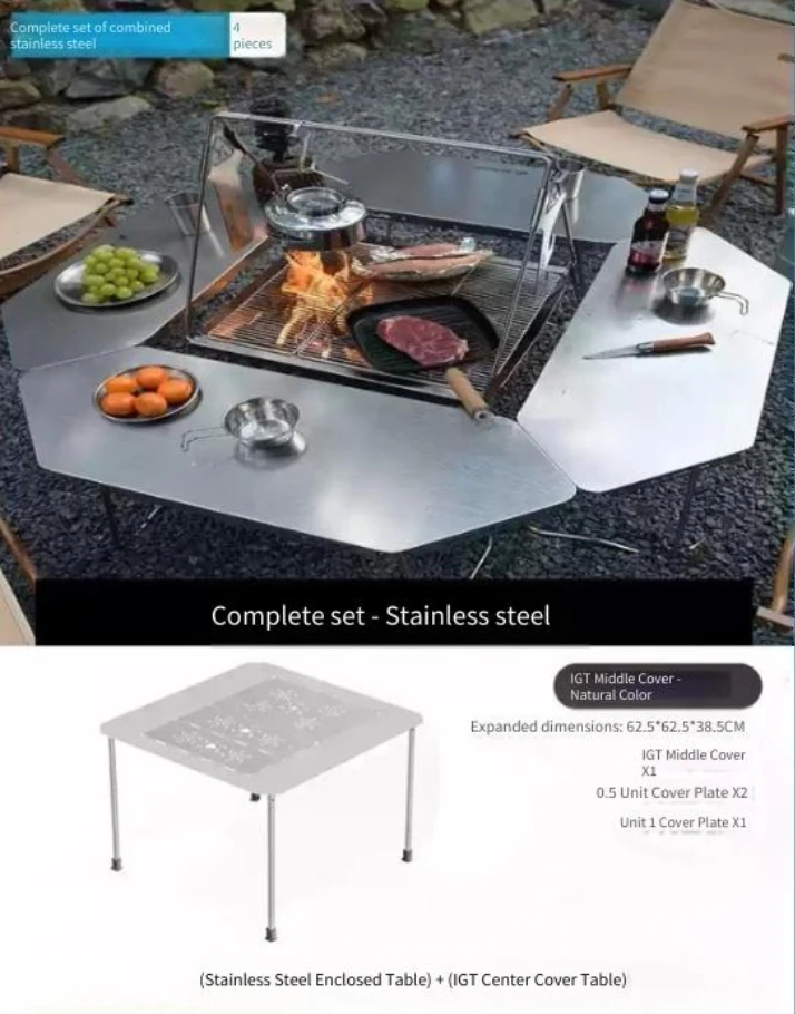 Outdoor BBQ Table  Stainless Steel Foldable Stove Making Tea Igt Camping Table  Campfire Heating Octagonal Table  Multi-function