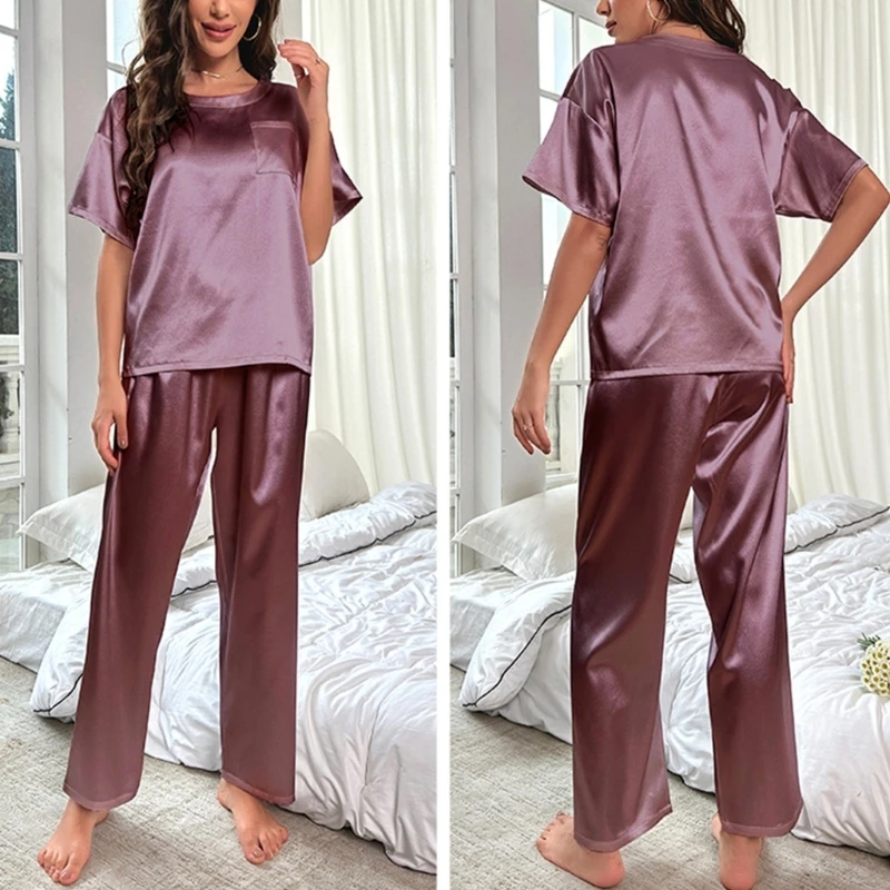 Womens Satins Silky Pajamas Set Short Sleeve Shirt with Long Pajamas Pant Set Soft PJ Loungewear S-XXL