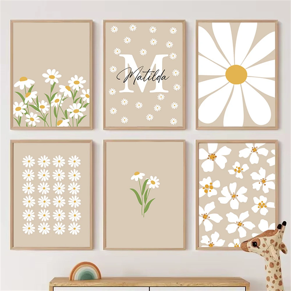 زهرة بيضاء ديزي ملصق الرسم على لوحات القماش الجدارية مخصصة اسم طباعة لوحات الشمال جدار صور غرفة نوم الاطفال ديكور المنزل