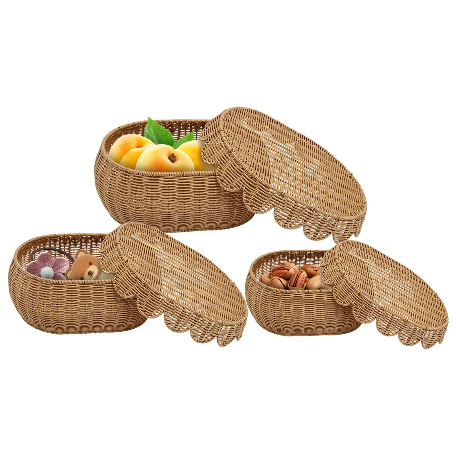 

3pc Storage Baskets with Lid, Plastic Imitation Rattan Baskets with 3 Different Size, 3PCS Hand-Woven Storage Baskets, 3 Decorat