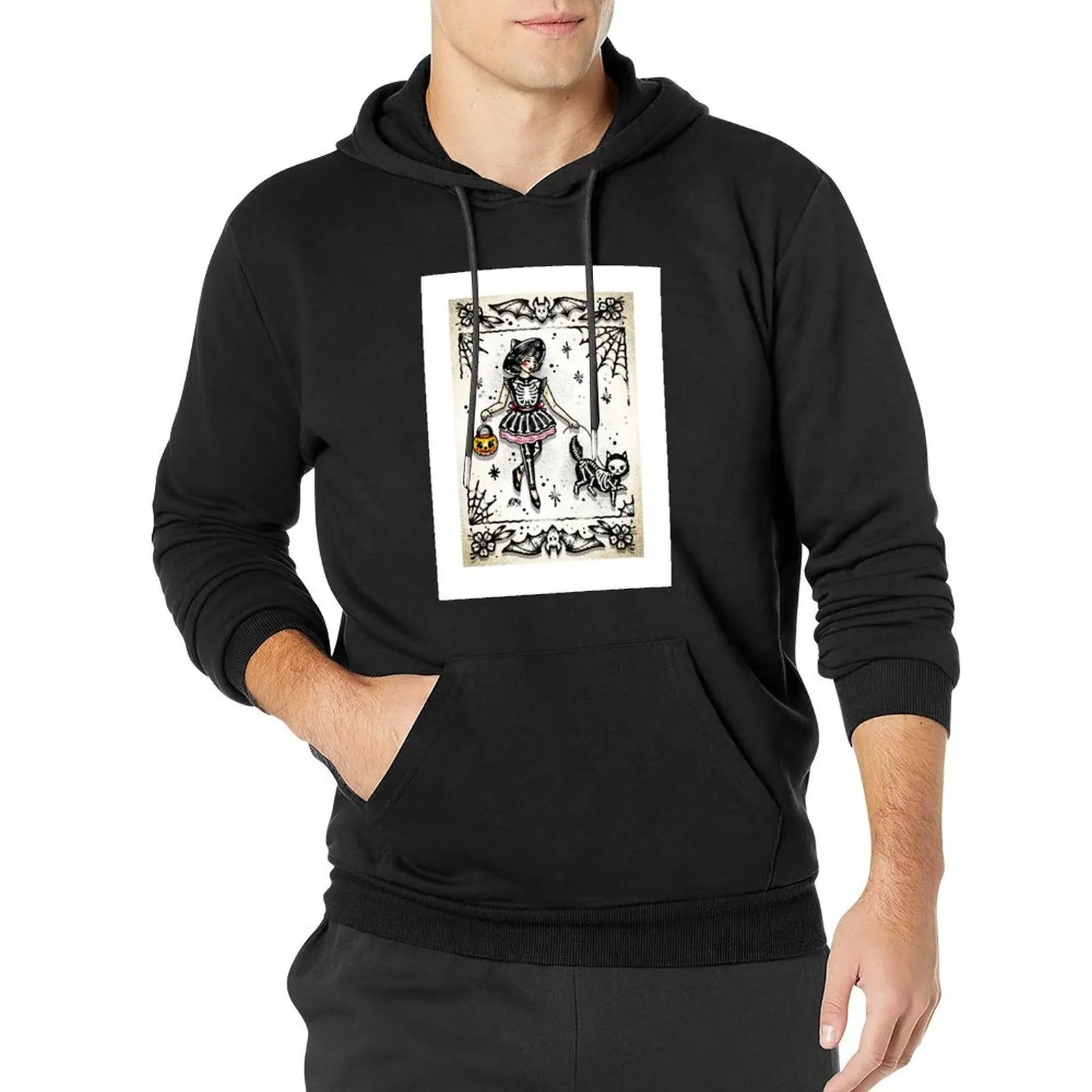 Walking Jellybean Halloween Black Cat Traditional Tattoo Flash Pullover Hoodie anime clothing hoodie man