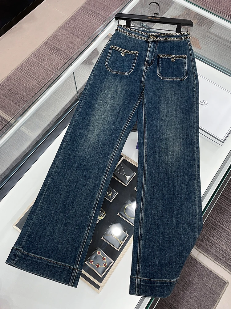 

High Waist Wide Leg Denim Jeans Women's Retro Woven Chain High Waist Slimming Jeans Spring Summer Blue Cotton Blend