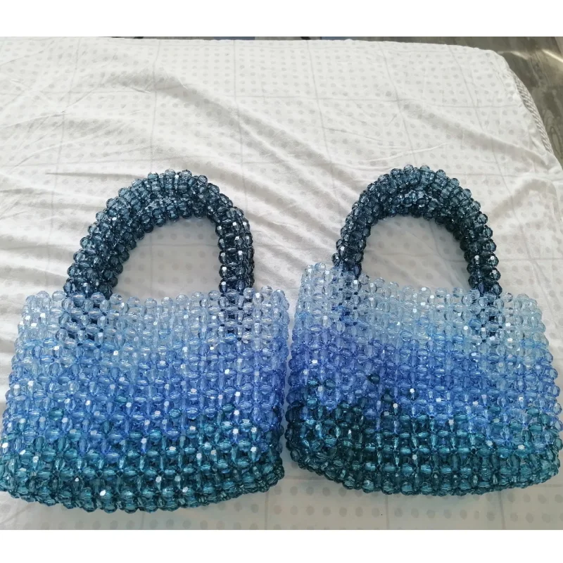 YYW Women Acrylic Purse Mini Beaded Evening Handbags Handmade Gradient Transparent Blue Beads Tote Bags For Wedding/Beach/Party