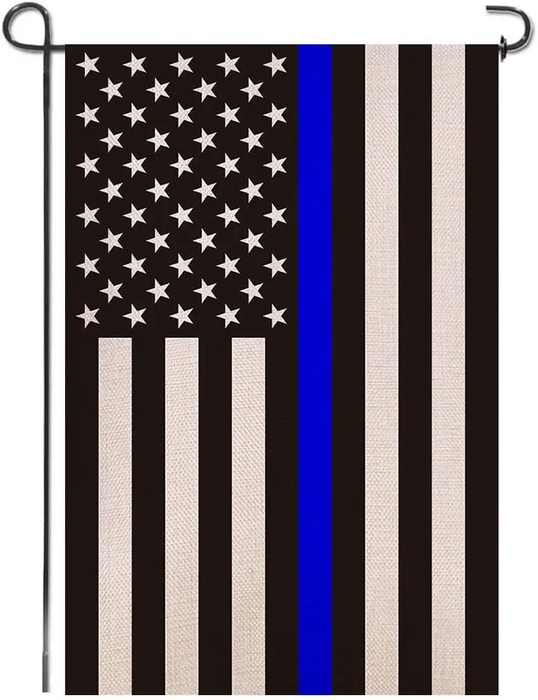 USA Thin Blue Line Burlap Garden Flag - Black White and Blue Stripe American Flag Honoring Law Enforcement Officers - Pre