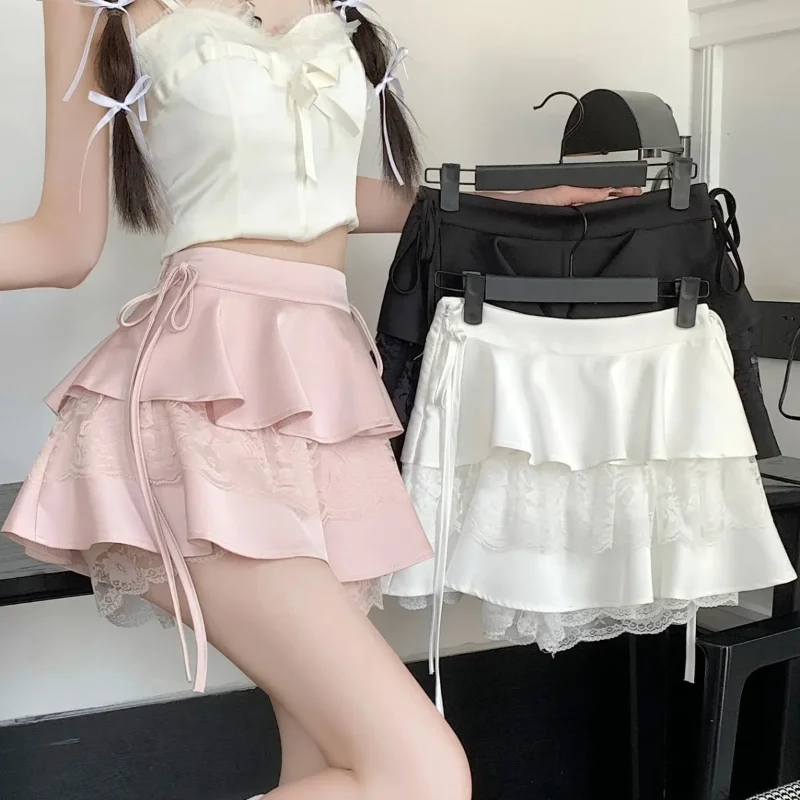 HOUZHOU-Mini-saia Kawaii rosa feminina com plissado, renda Fairycore, camada dupla, cintura alta fofa, bandagem, curta sexy, Lolita, mulheres