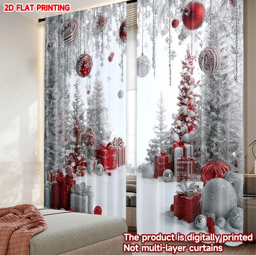 

2D flat printing 2pcs Popular Christmas curtains Christmas Red and Silver Digital Printed Polyester Drapes Holiday Decorations