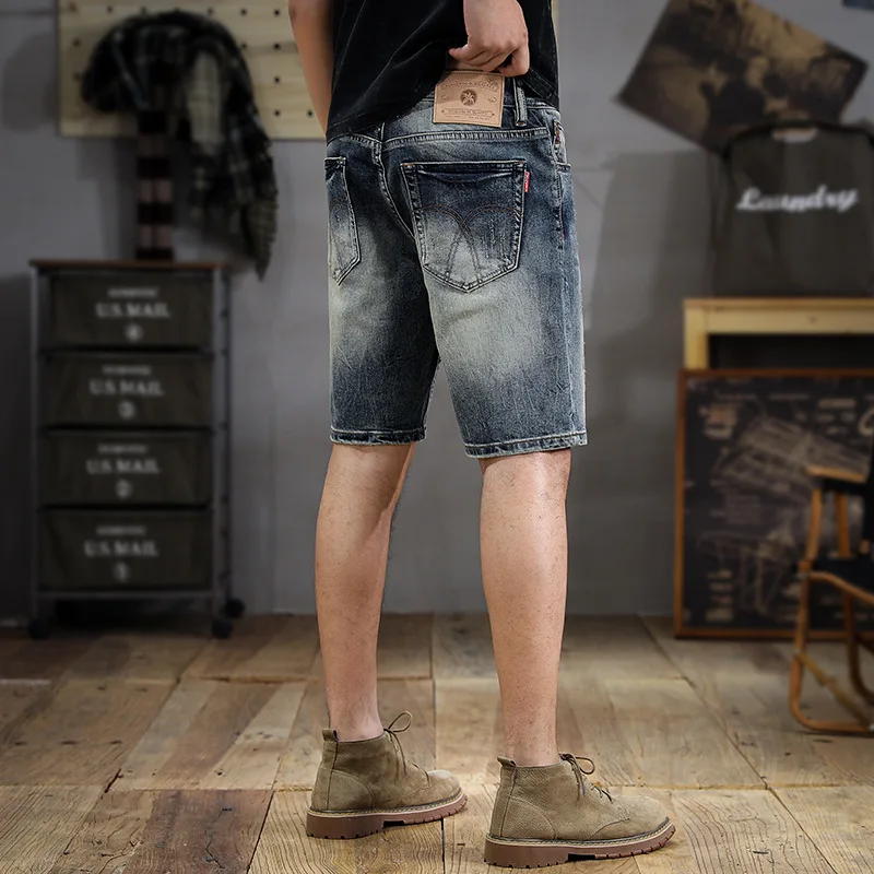 Street Retro Washed Denim Shorts Men's Summer Fashion Nostalgic Scrape Straight Slim Fit Trendy Capris Middle Pants