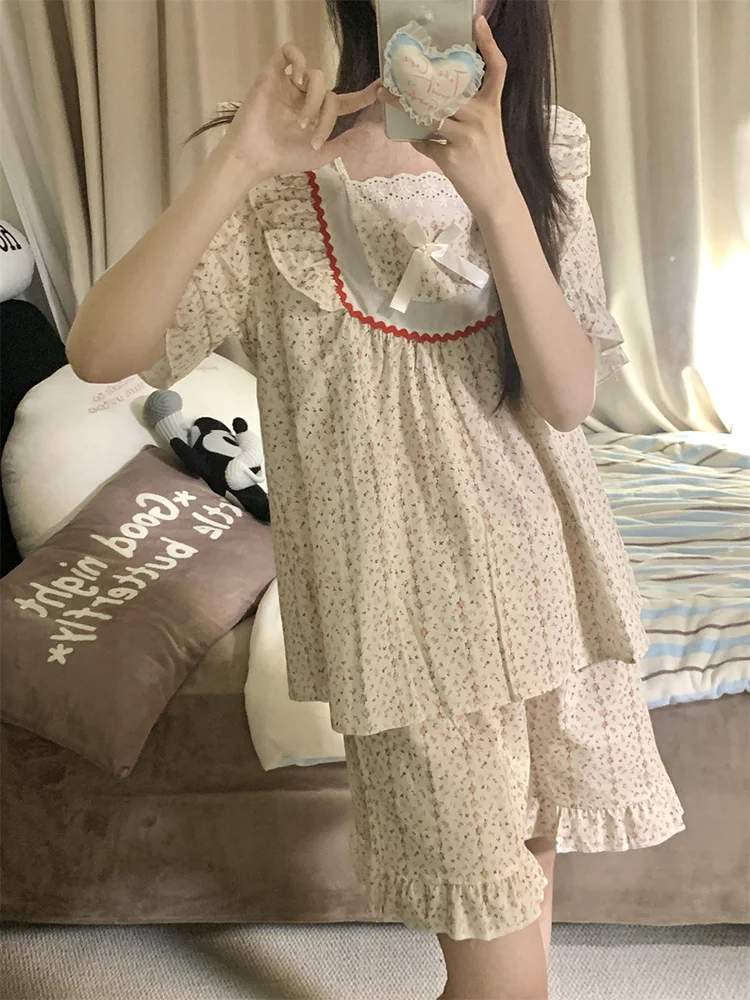 

Printing Cute Soft Floral Flowers Summer Lace Short Sleeve Pajama Set Women Real images Holiday Half Pants Korean Sleepwear Ins