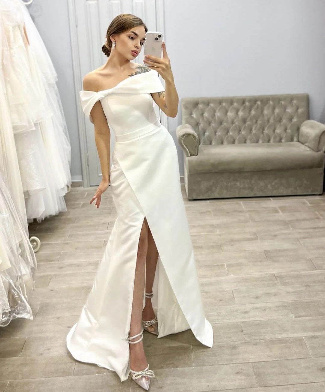 Vestido de Novia Soft Satin A-Line For Women Side Slit Bridal Gowns Off The Shoulder Soft Satin  Cutomize To Measures Stuning