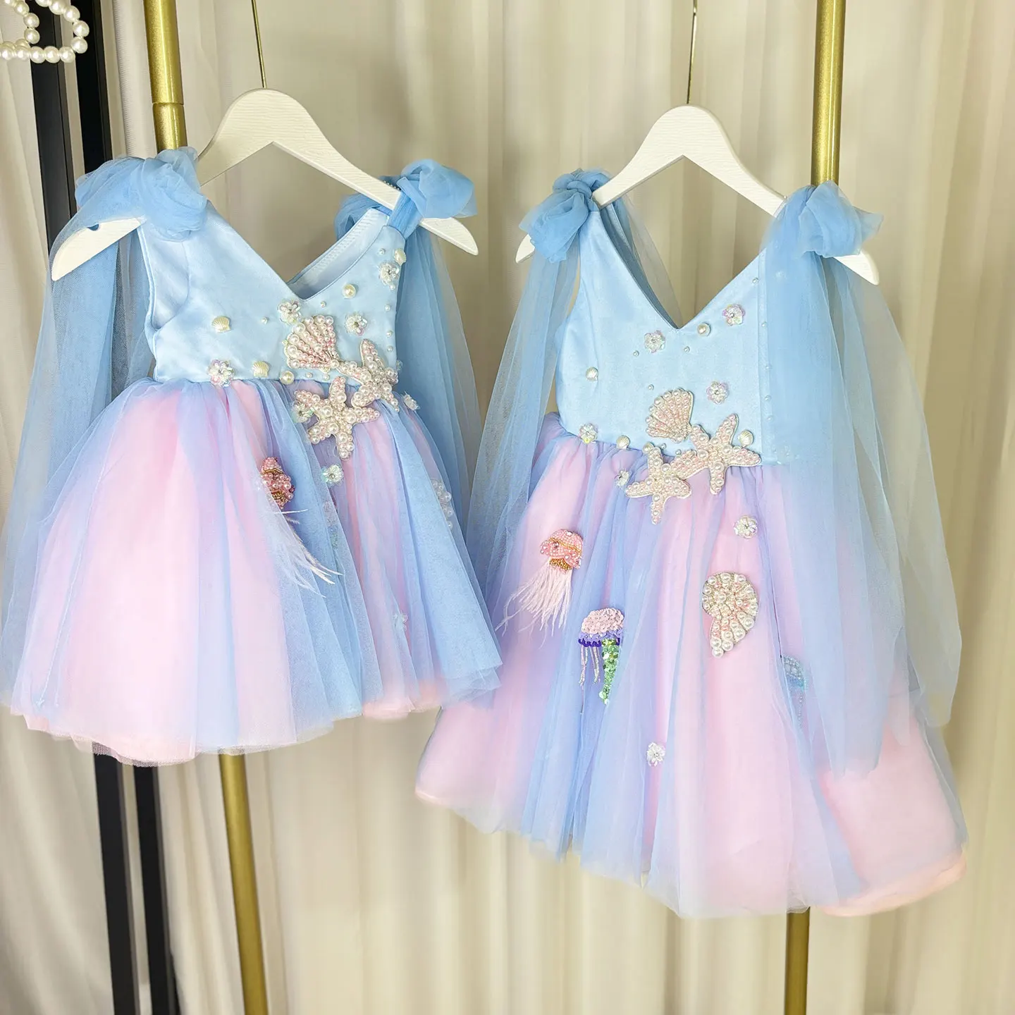 Jill Wish Luxury Sky Blue Baby Flower Girl Dresses Beaded Arab Pearls Princess Kids Gown for Birthday Wedding Evening Party J072