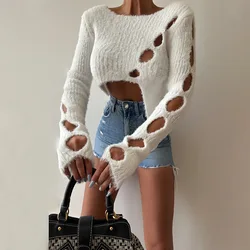 2023 Sweater Women's Autumn New Style Millennial Hot Girl Pure Desire Short Irregular Hollow Knitted Sweater Loophole Top