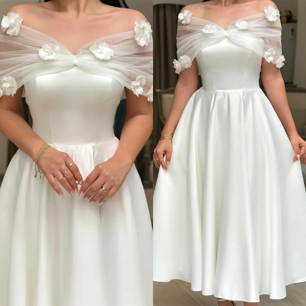 

Customized Exquisite White Satin Wedding Dress Elegant Strapless Off the Shoulder Half Sleeves Court Train Appliques Bridal Gown