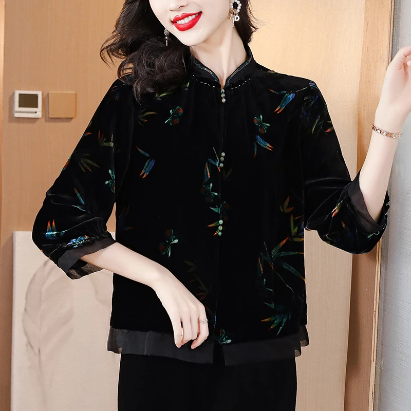 Women Korean Vintage Luxury Jackets Autumn Winter Black Print Velvet Long Sleeve Blouses 2024 Elegant Bodycon Festival Top Coats