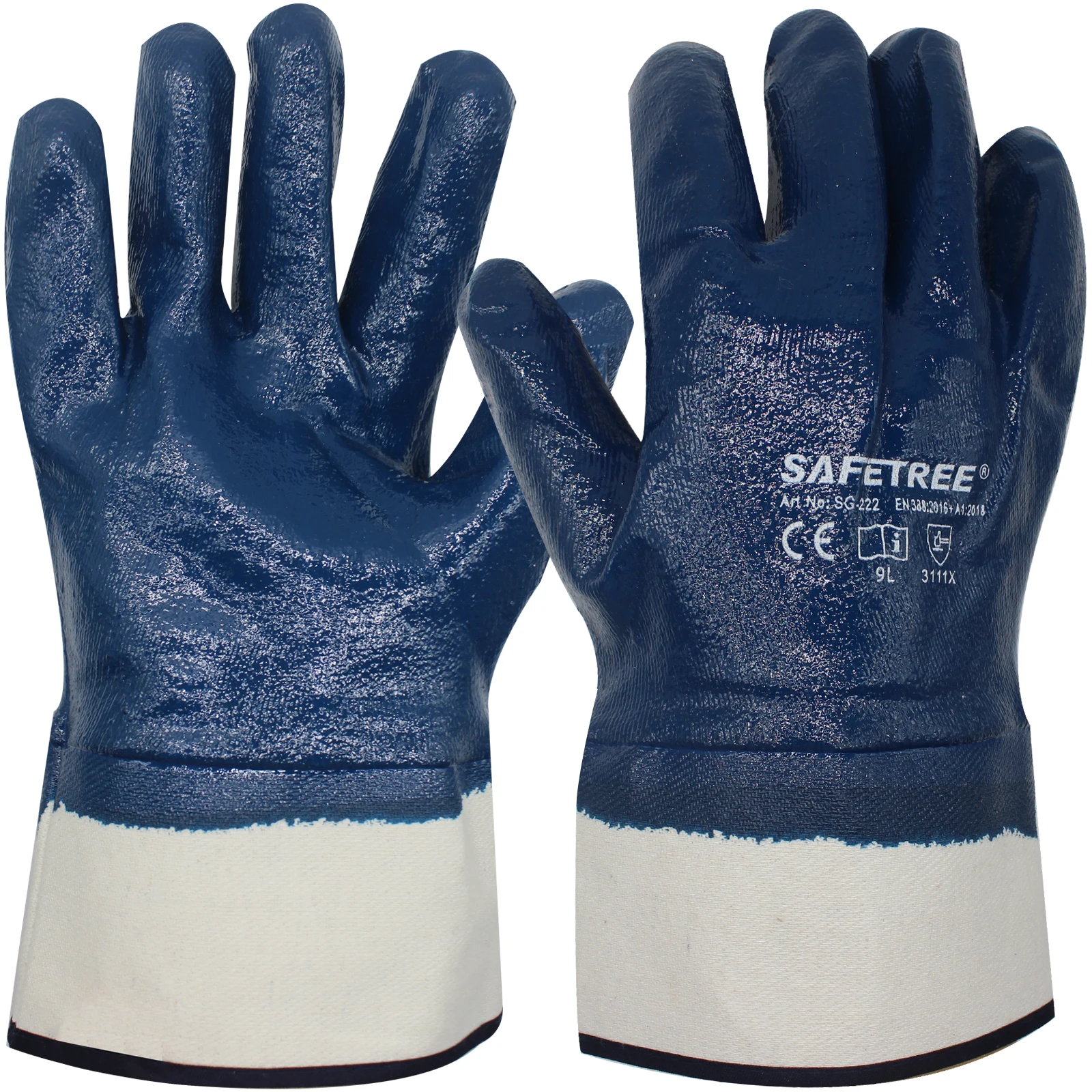 SAFETREE 1/12 Pairs Canvas Nitrile Gloves Rubberized Cuff Oil&Chemical Resistant CE Heavy-Duty Car Repair Petrochemical Workers