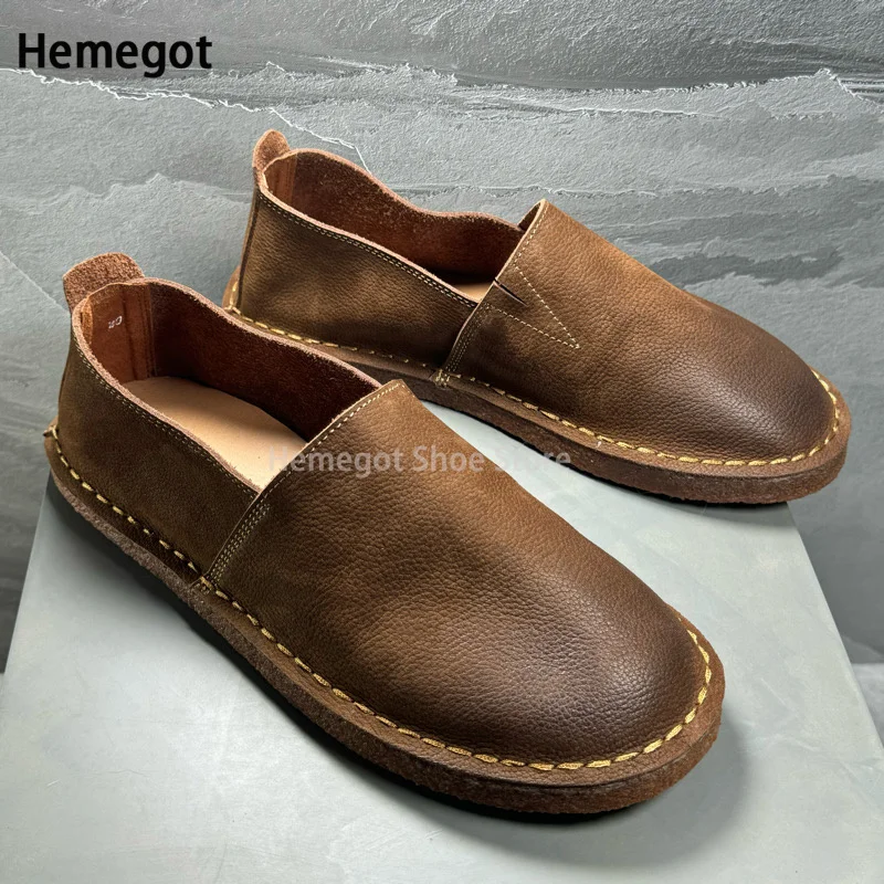 Brown Cowhide Casual Shoes Men\'s Round Toe Leather Breathable Beef Sole Slip-On Loafers Solid Heart Big Head Leather Shoes