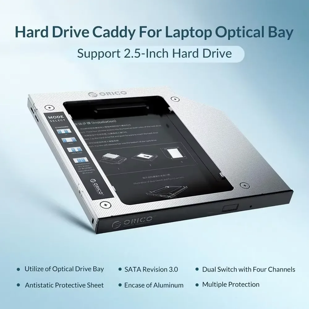 ORICO-Caddy de Drve duro de 2,5 pulgadas para ordenador portátil, jaula óptica para HDD, Caddy de disco SSD, soporte de aluminio, caja de unidad de disco duro de 2TB