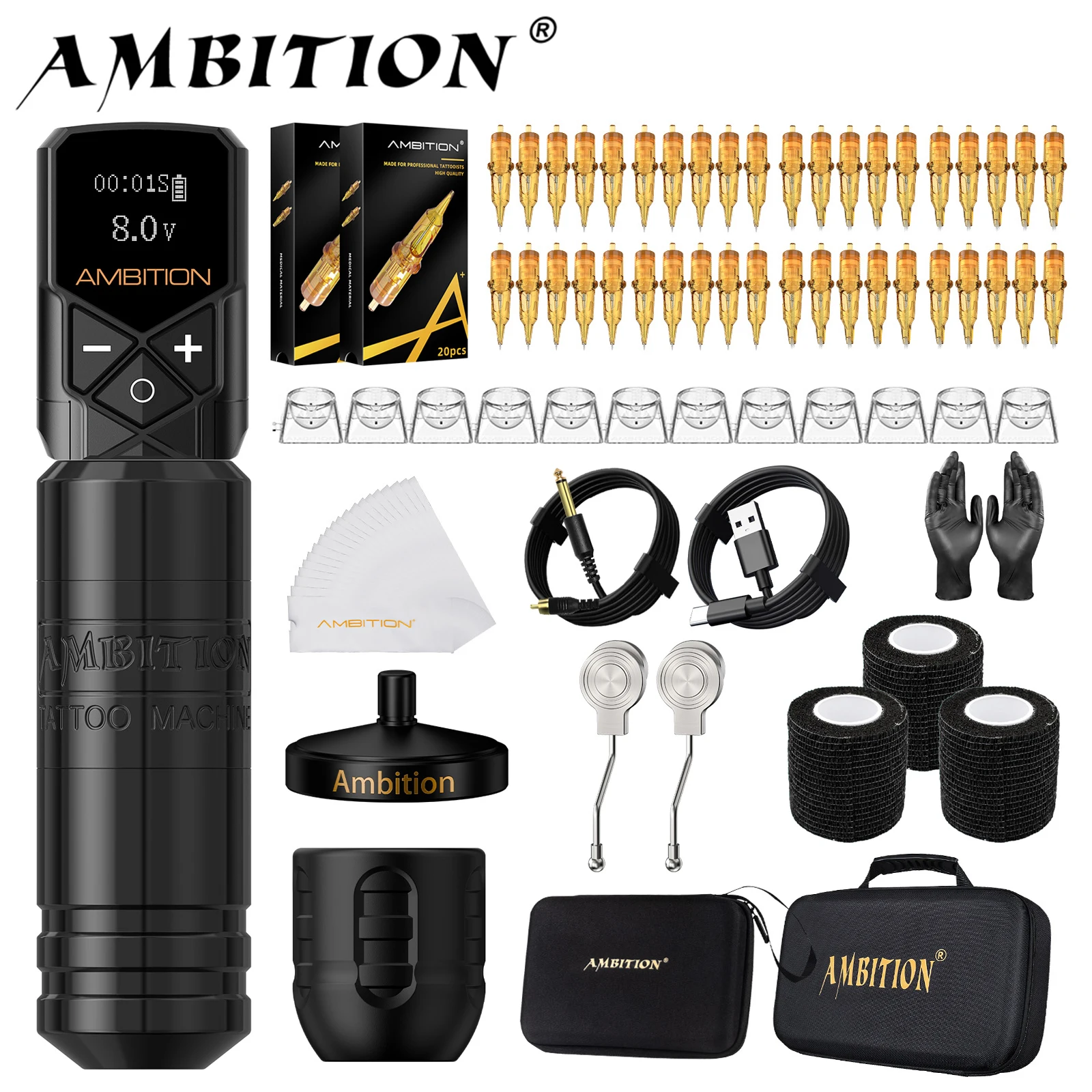Ambition Torped 32mm Tattoo Machine Set 4.0-4.5-5.0mm Stroke Brushless Motor Rotary Pen RCA Kuark Wireless Battery 2400mAh