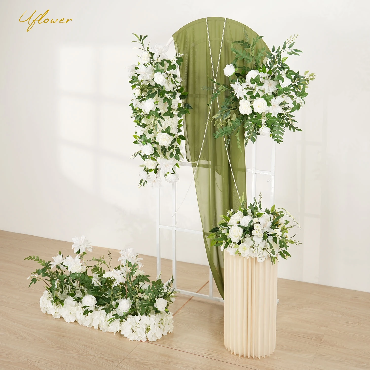 Uflower Green White Artificial Flower Wall Wedding Backdrop Floral Green Plant Wall Window Display Event Party Props Flower Row