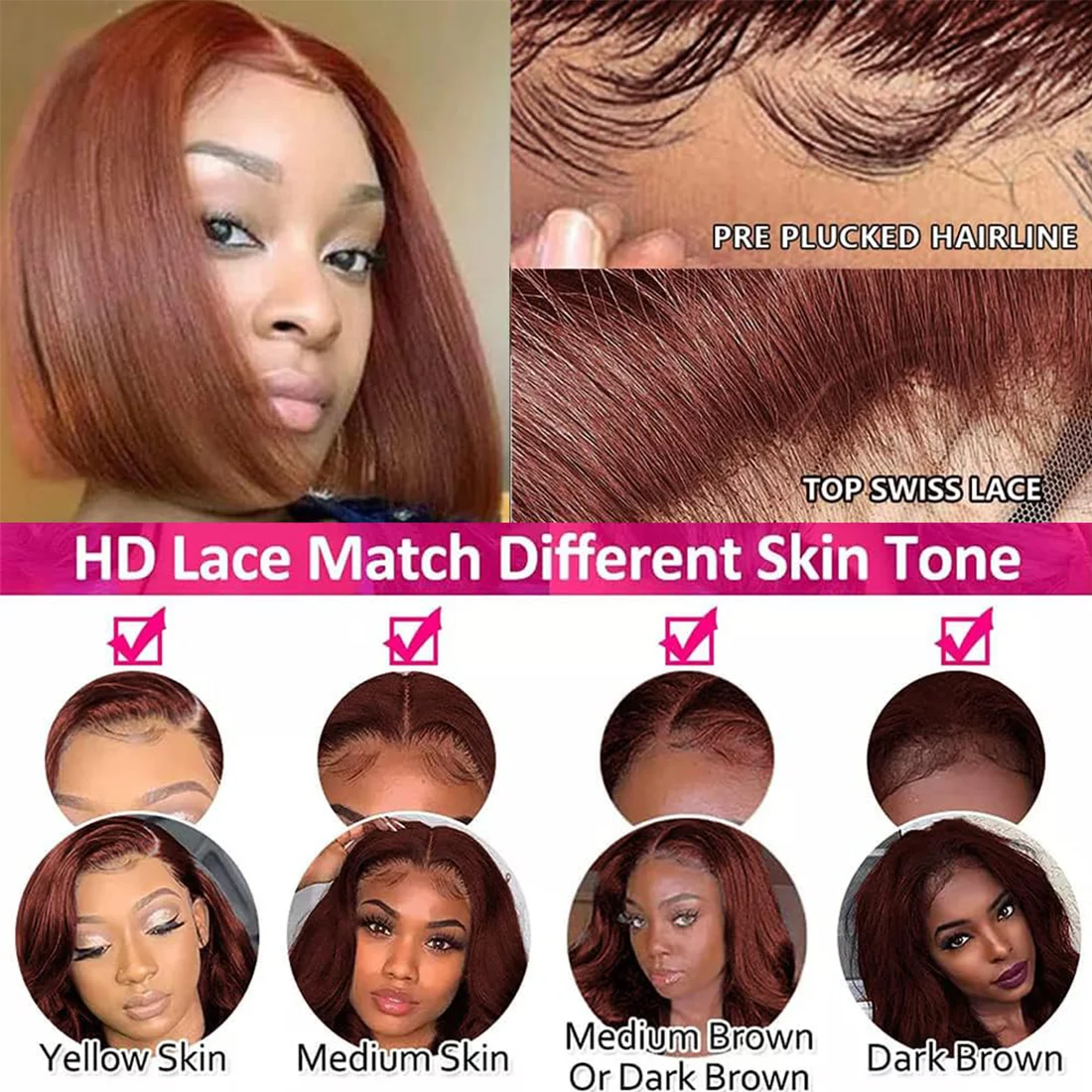 Reddish Brown Bob Wig Human Hair 13x4 Lace Front Wigs Human Hair Pre Plucked with Baby Hair Brazilian Virgin Human Hair