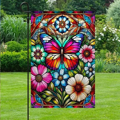 Stained Glass Floral Butterfly Flag Graden Flag RRM LLP LLX uui