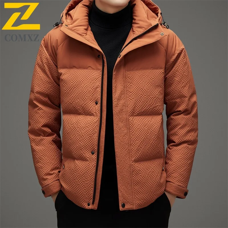 COMXZ Mens Down Jacket Premium Hooded Outdoor Working Thickened Warm Puffer Jacket Fashion Travel Lightweight Autumn Winter Coat