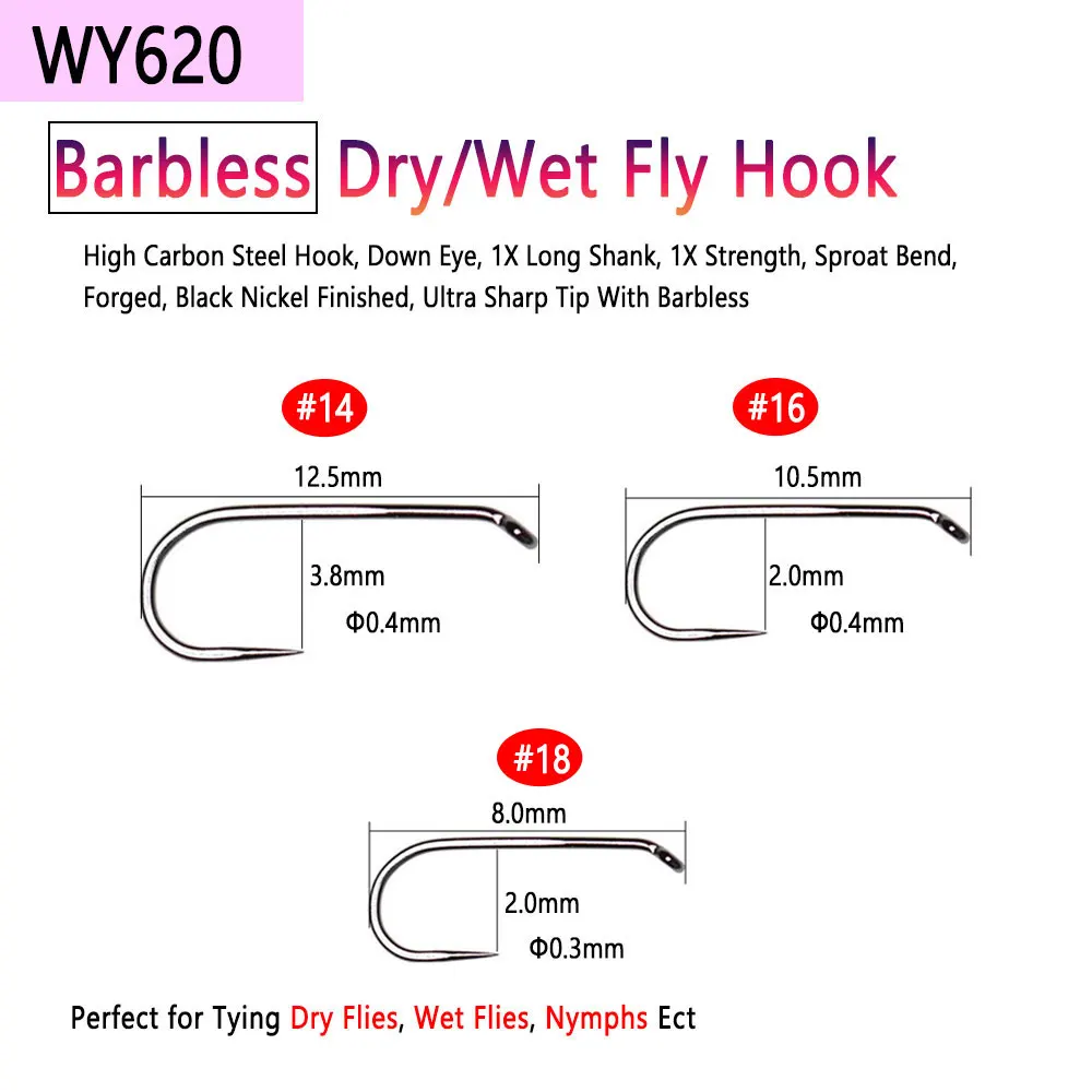 Bimoo 50pcs High Carbon Steel Barb Barbless Fly Tying Hook For Dry Wet  Nymph Jig Nymph Streamer Caddis Fly Trout Fishing Lures