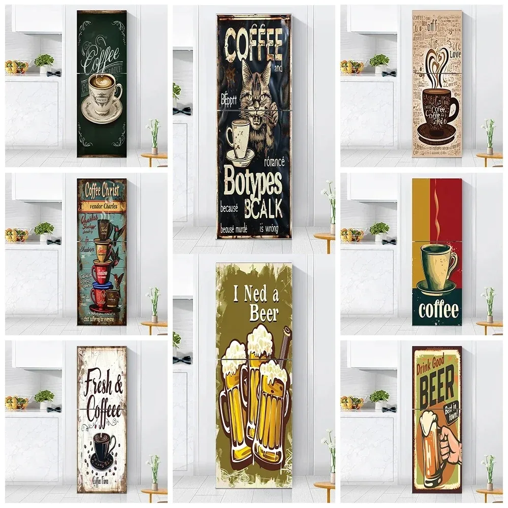 

Vintage Coffee Beer Fridge Door Sticker Waterproof Self-Adhesive Removable Retro Refrigerator Mural Wrap for Kitchen Bar Decor