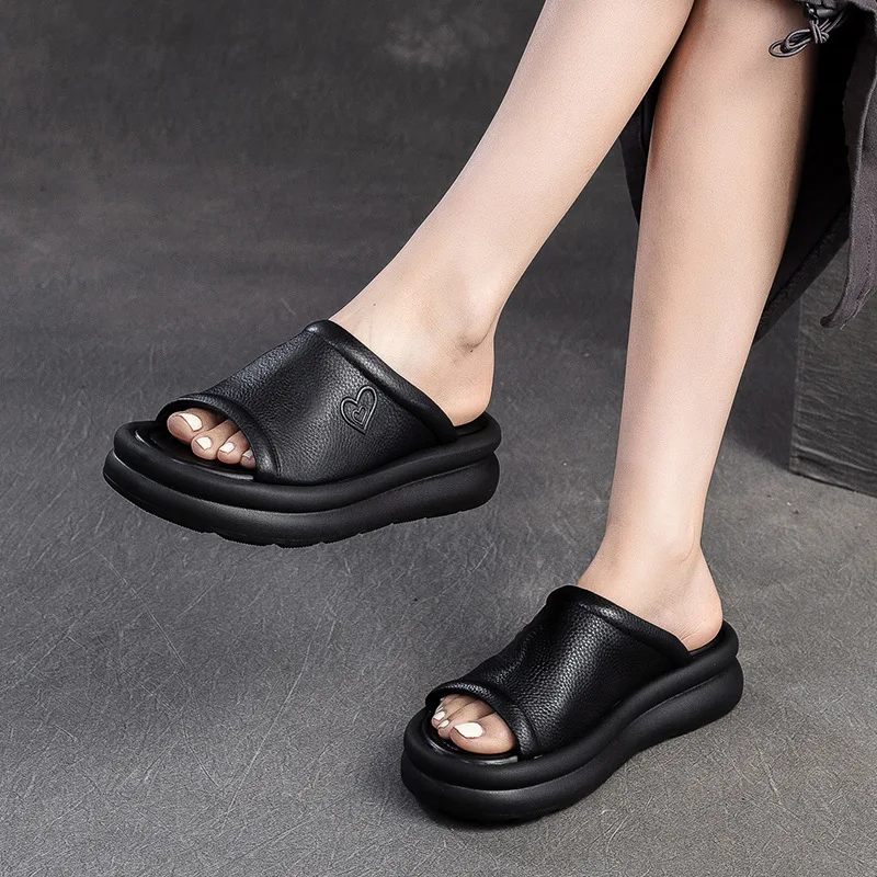 Koznoy 4.5cm Weave Genuine Leather Flats Loafer Platform Wedge Good Slipper Flexible Summer Lightweight Rubber Comfy Women Shoes