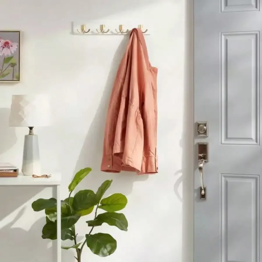 Gancho dourado moderno de 4 trilhos branco - Rack de gancho decorativo para montagem em parede, alumínio fundido, 18" de comprimento