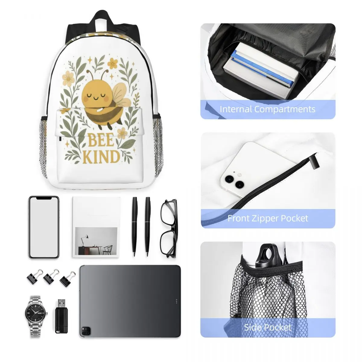 Bee Kind Cute Bumblebee Floral With Gentle Kindness Quote Backpack Student BookBag Men Women School Bag Computer Shoulder Bags