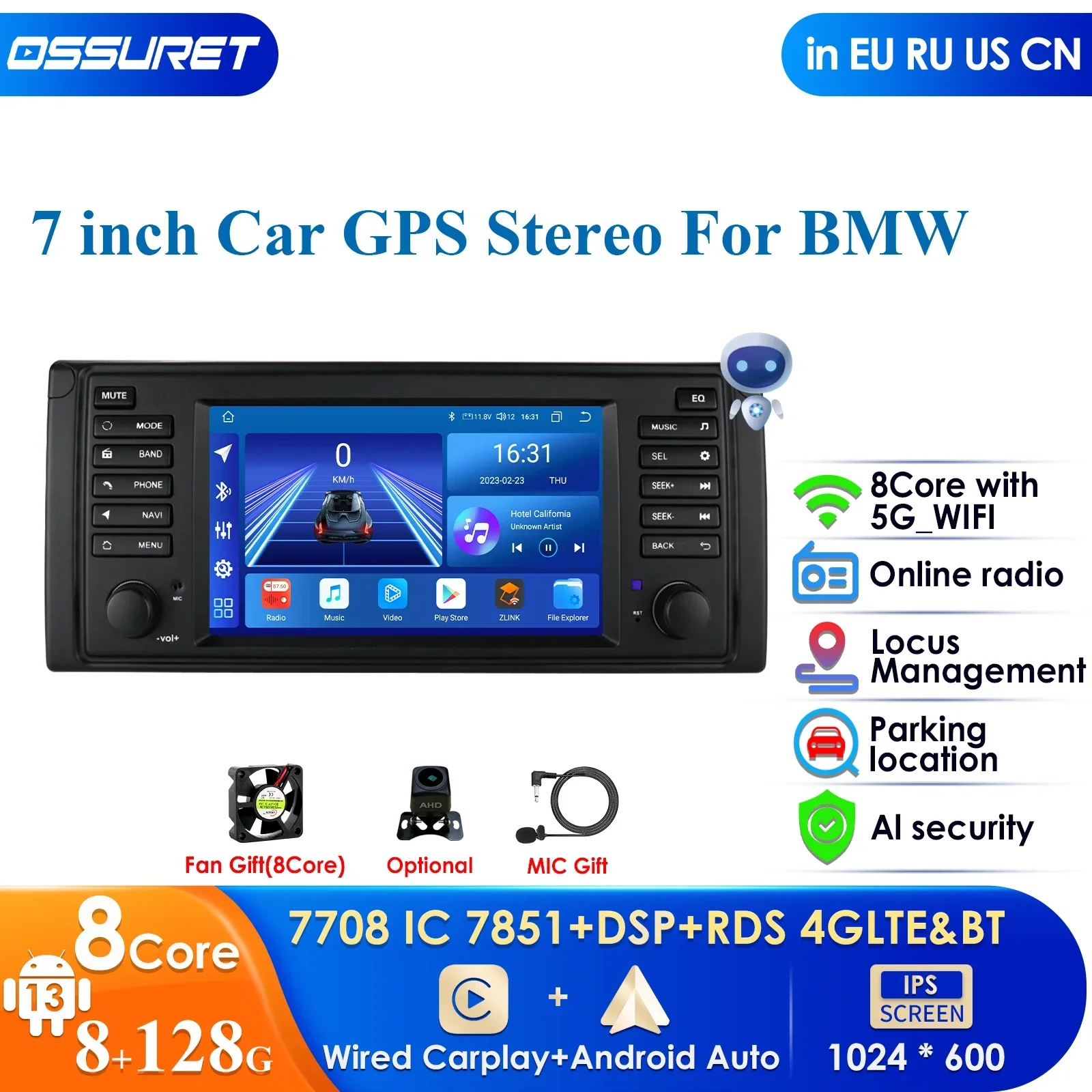 

7'' Android 13 Auto Radio Multimedia Player for BMW E39 E53 M5 1995-2003 GPS Navigation Stereo Audio Head Unit 1 Din 2Din RDS BT