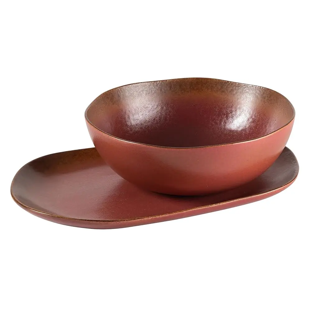 

Palermo Sun 2 Piece Serving Bowl And Oval Platter Stoneware Reactive Glaze Serveware Set - Paprika Red