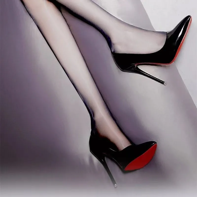 

Women's Black High Heels 2026 New Sexy Pointed Toe Red Sole Black Patent Leather Low Cut