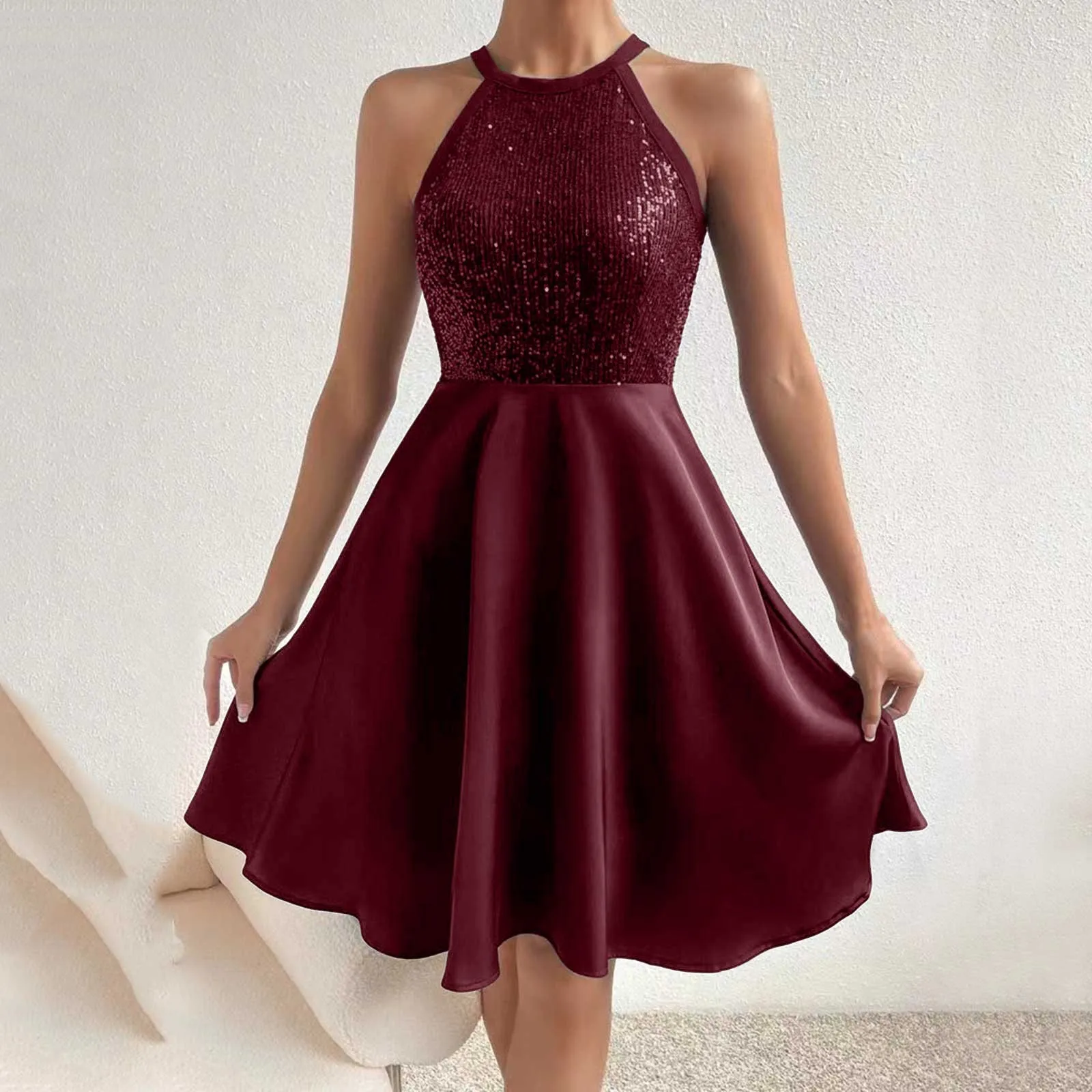 

Elegant Sequin Patchwork Tunic Dresses Women Sleeveless Slim Cocktail Wedding Party Dresses Vintage Flare Pleated Dress