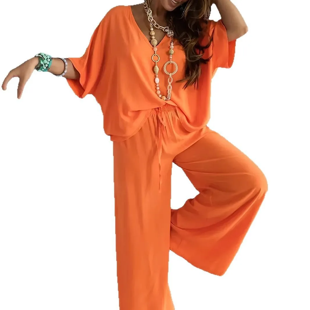 

Cross-border Europe and the United States 2025V neck bat sleeve casual loose wide-leg pants suit women cw35769