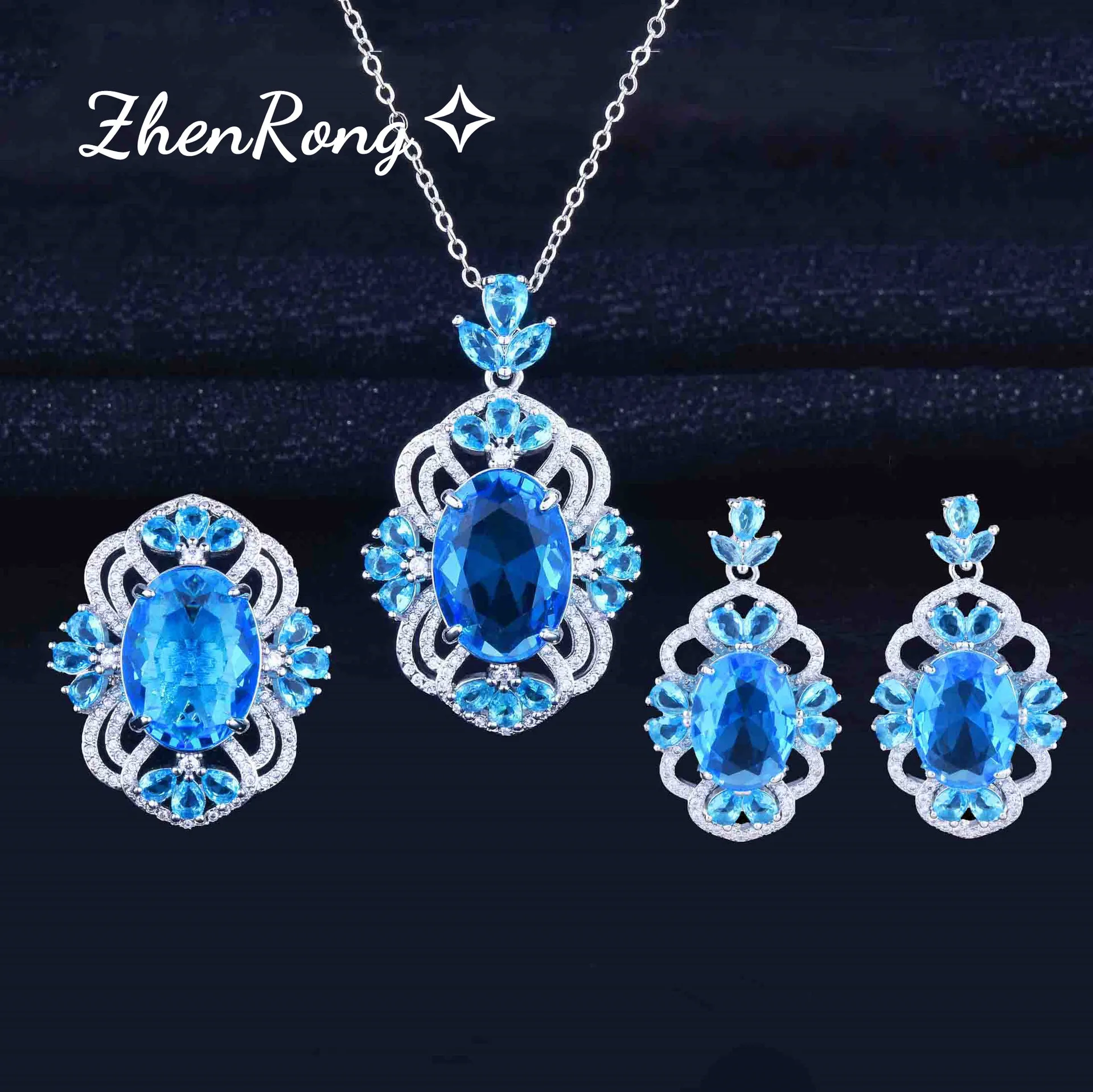 Foydjew Reykjavik Aesthetics Luxury Banquet Simulation Aquamarine Jewelry Sets Sea Blue Stone Pendant Necklaces Earrings Rings