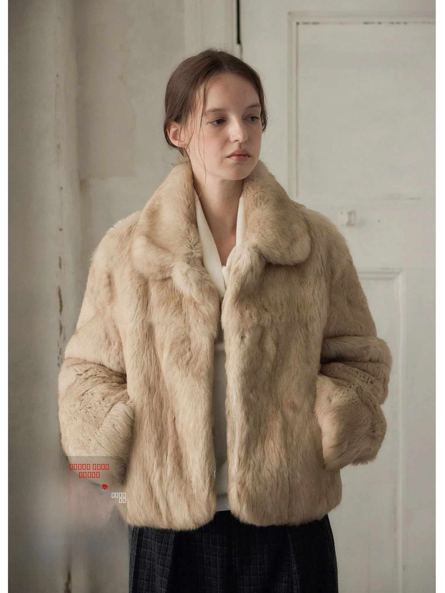 

Nice People 2025AW ort Fur Coat Rabbit Hair Leather Collar Flip Casual Sle Women's Outerwear ort Length Fluffy Coat