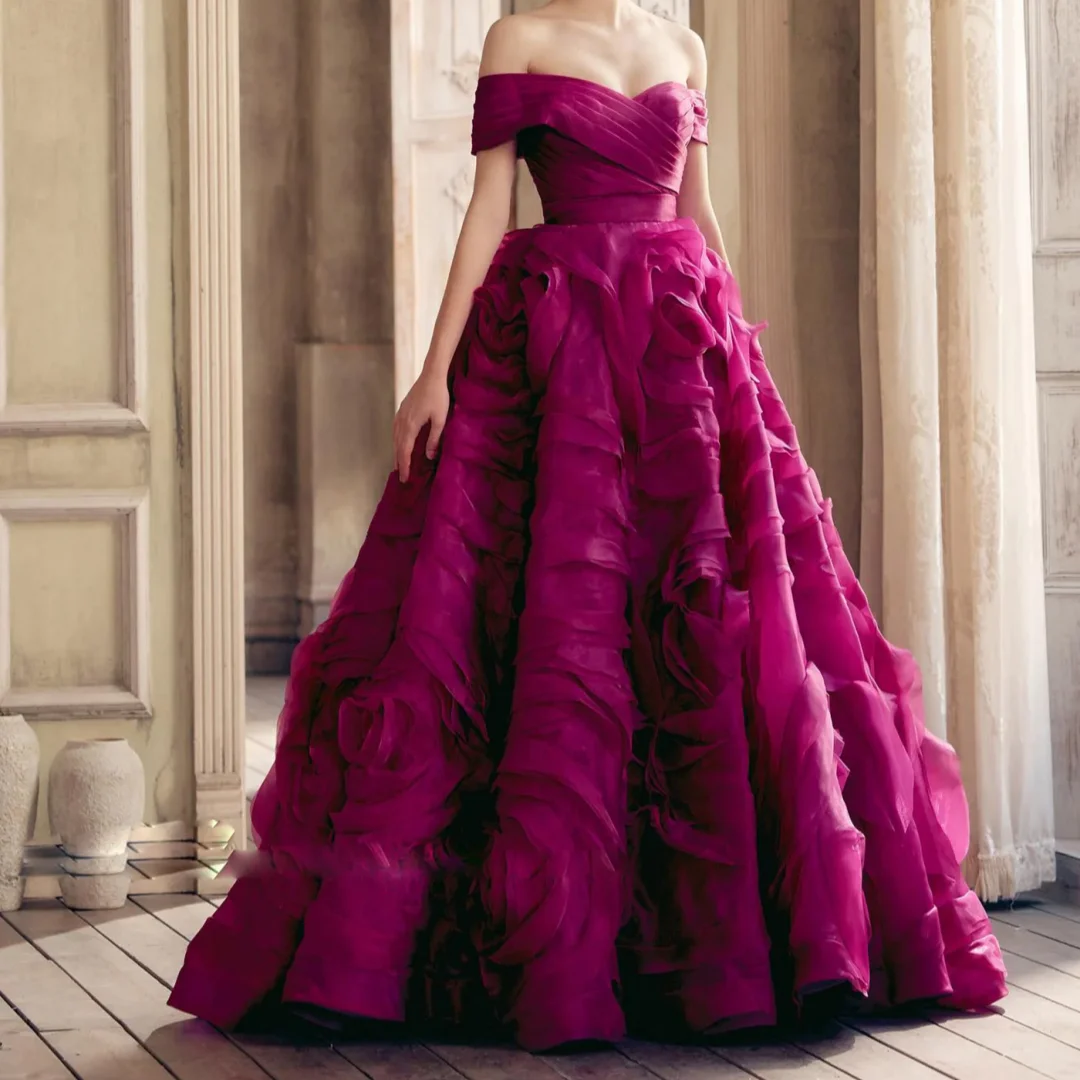 

Fuchsia Elegant Off Shoulder Blue A-Line Dubai Evening Dress with Ruffles Wedding Dresses Prom Gown Customized