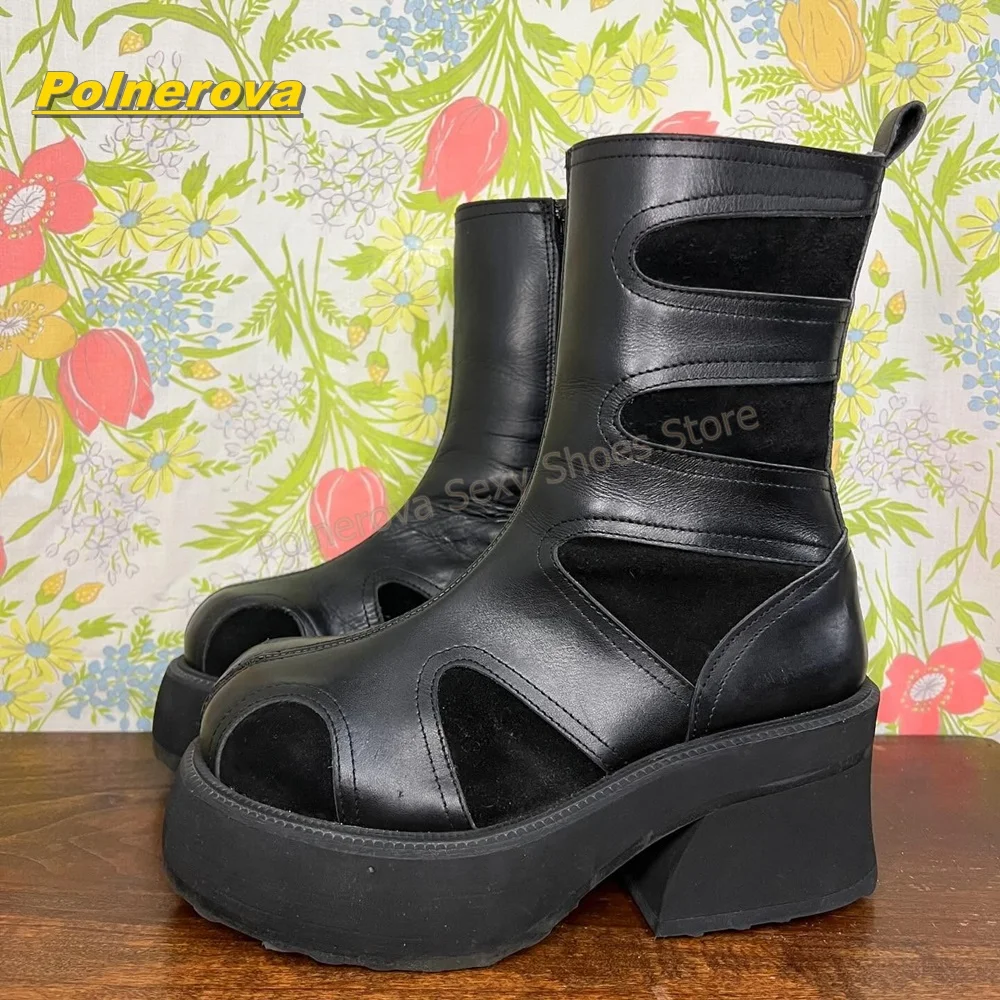 Vintage Cutout Platform Mid-Calf Boots Side Zip Chunky Block Heel Patchwork Gothic Y2K Punk Ankle Boots Street Style 2026 Trend