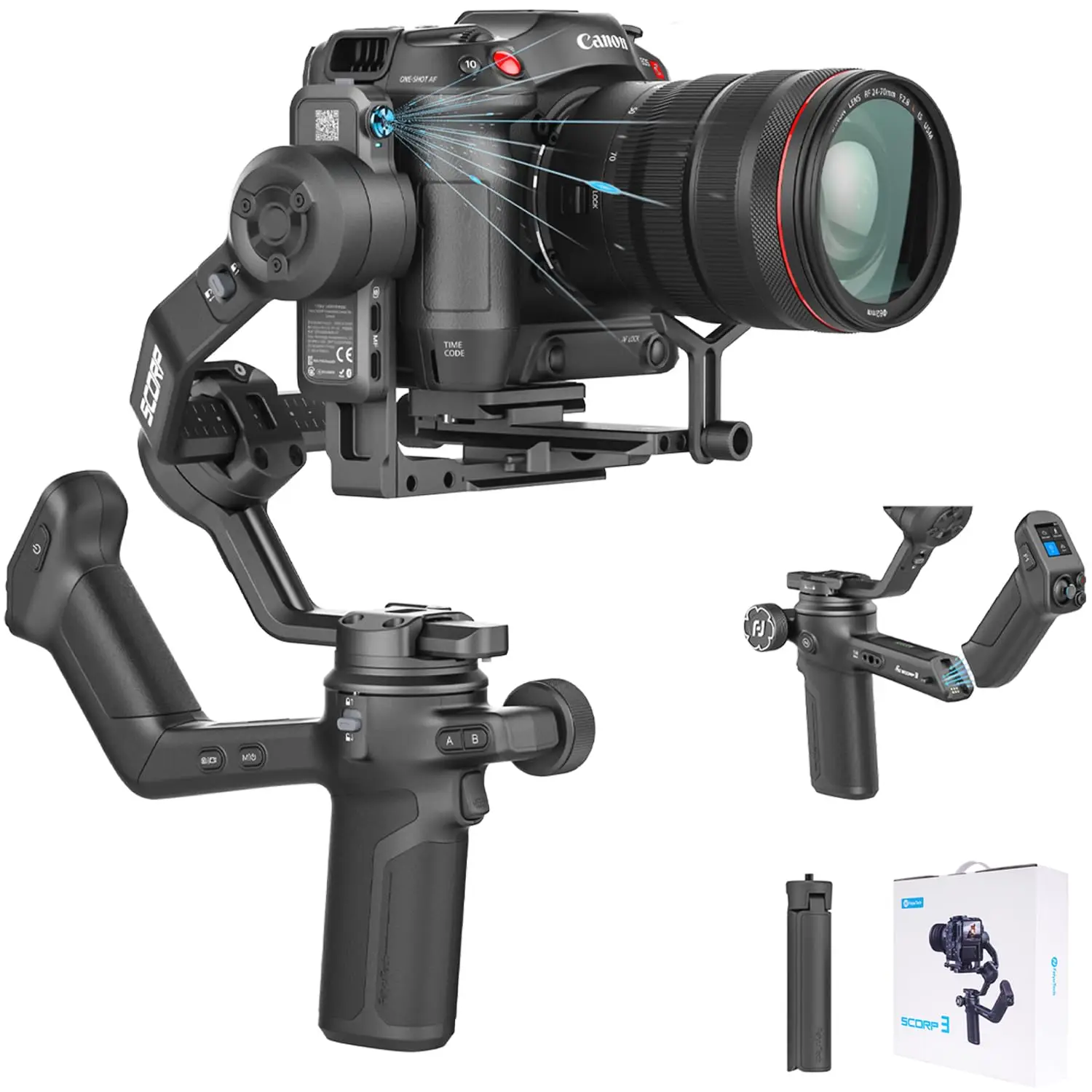 카메라용 FeiyuTech SCORP 3 짐벌 안정기, 내장 AI 추적 센서 및 분리형 원격 제어, 3.5KG 페이로드 카메라용 FeiyuTech SCORP 3 짐벌 안정기, 내장 AI 추적 센서 및 분리형 원격 제어, 3.5KG 페이로드