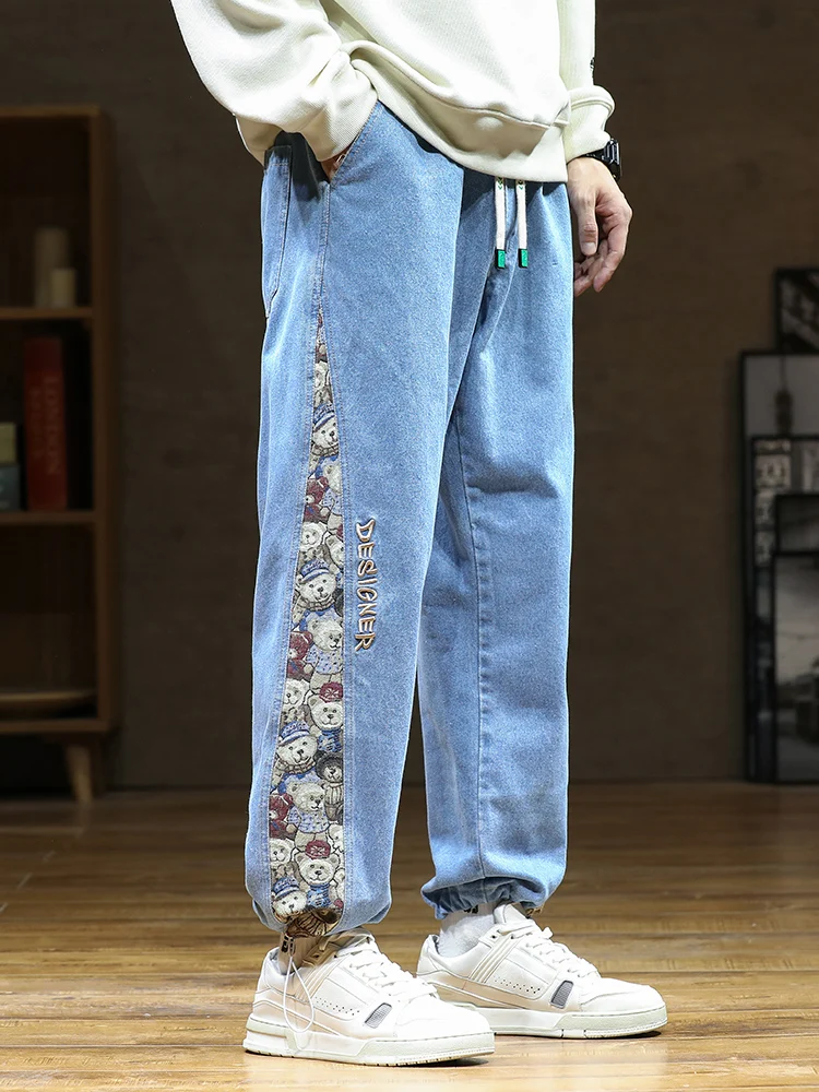 

New Men's Jeans Baggy Pants Fashion Bear Patchwork Wide Leg Denim Joggers Men Hip Hop Streetwear Straight Jean Trousers