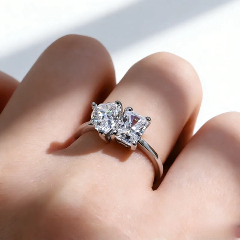 925 Sterling Silber 2-Karat Moissanit Paar-Ring (Doppelstein-Design/Ehering) – Unisex – Detail 4